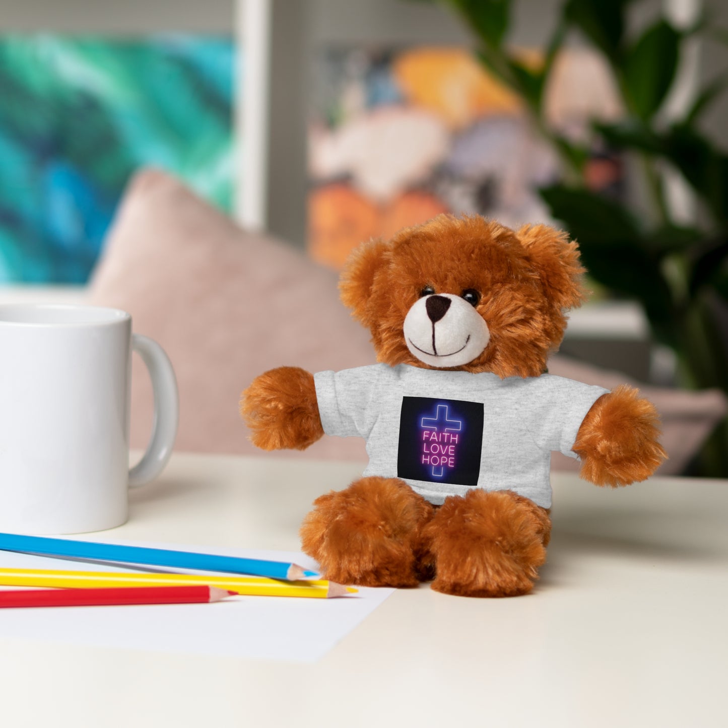 Faith-Inspired Stuffed Bear with Tee, Cute Gift for Kids, Inspirational Decor, Faith Love Hope Plush, Religious Kids Toy, Baby Shower Gift