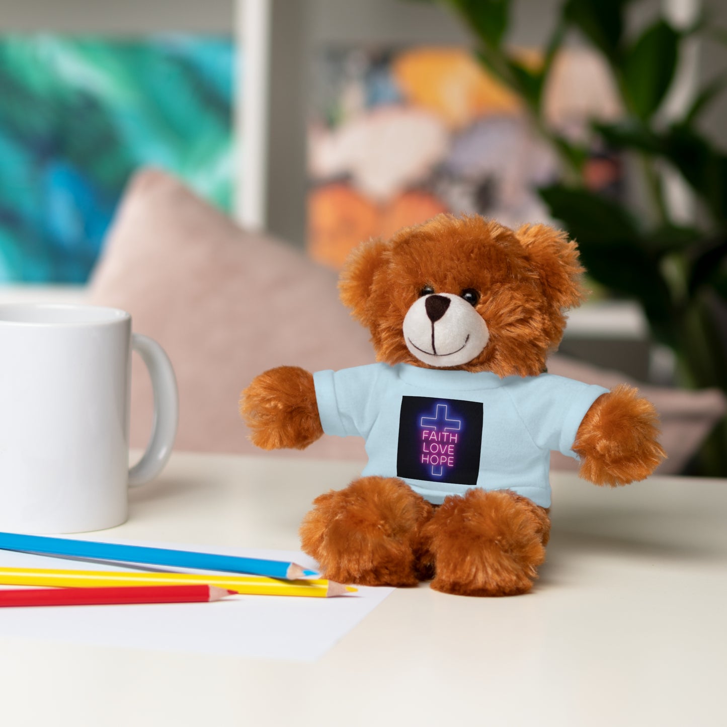 Faith-Inspired Stuffed Bear with Tee, Cute Gift for Kids, Inspirational Decor, Faith Love Hope Plush, Religious Kids Toy, Baby Shower Gift