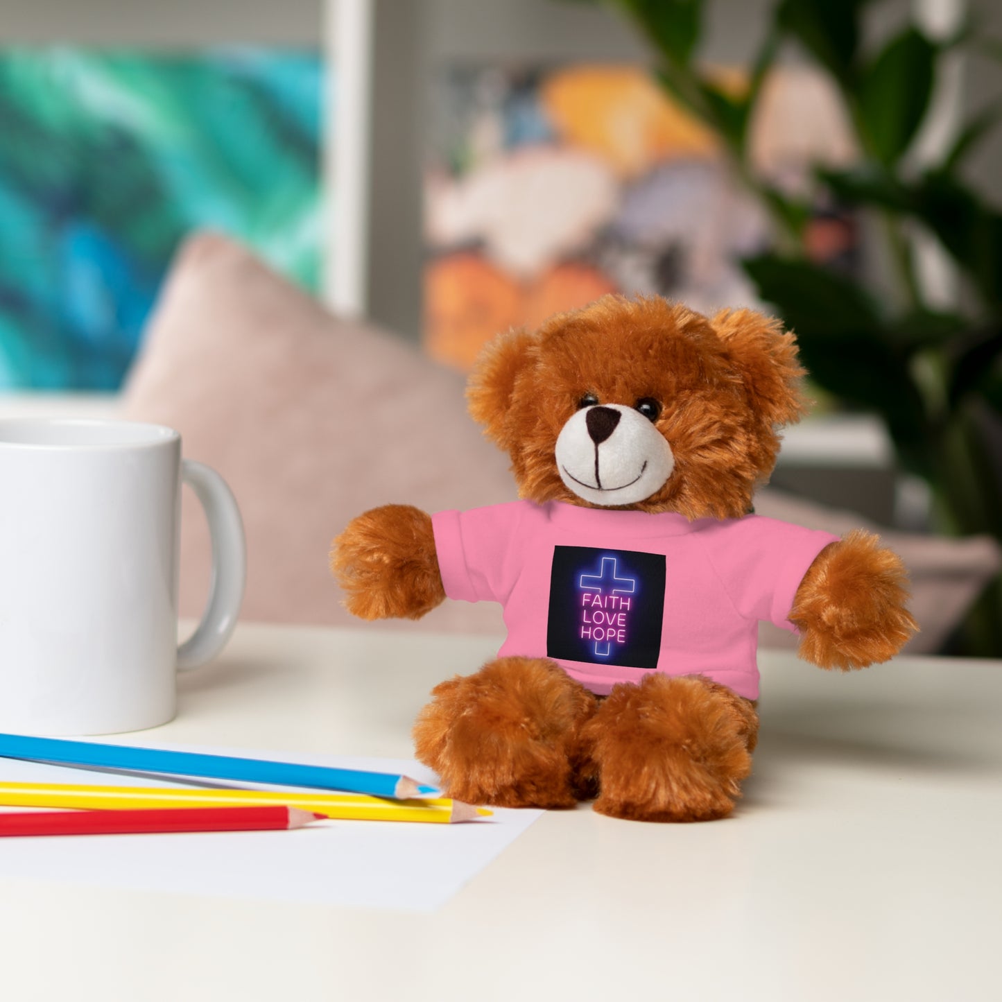 Faith-Inspired Stuffed Bear with Tee, Cute Gift for Kids, Inspirational Decor, Faith Love Hope Plush, Religious Kids Toy, Baby Shower Gift