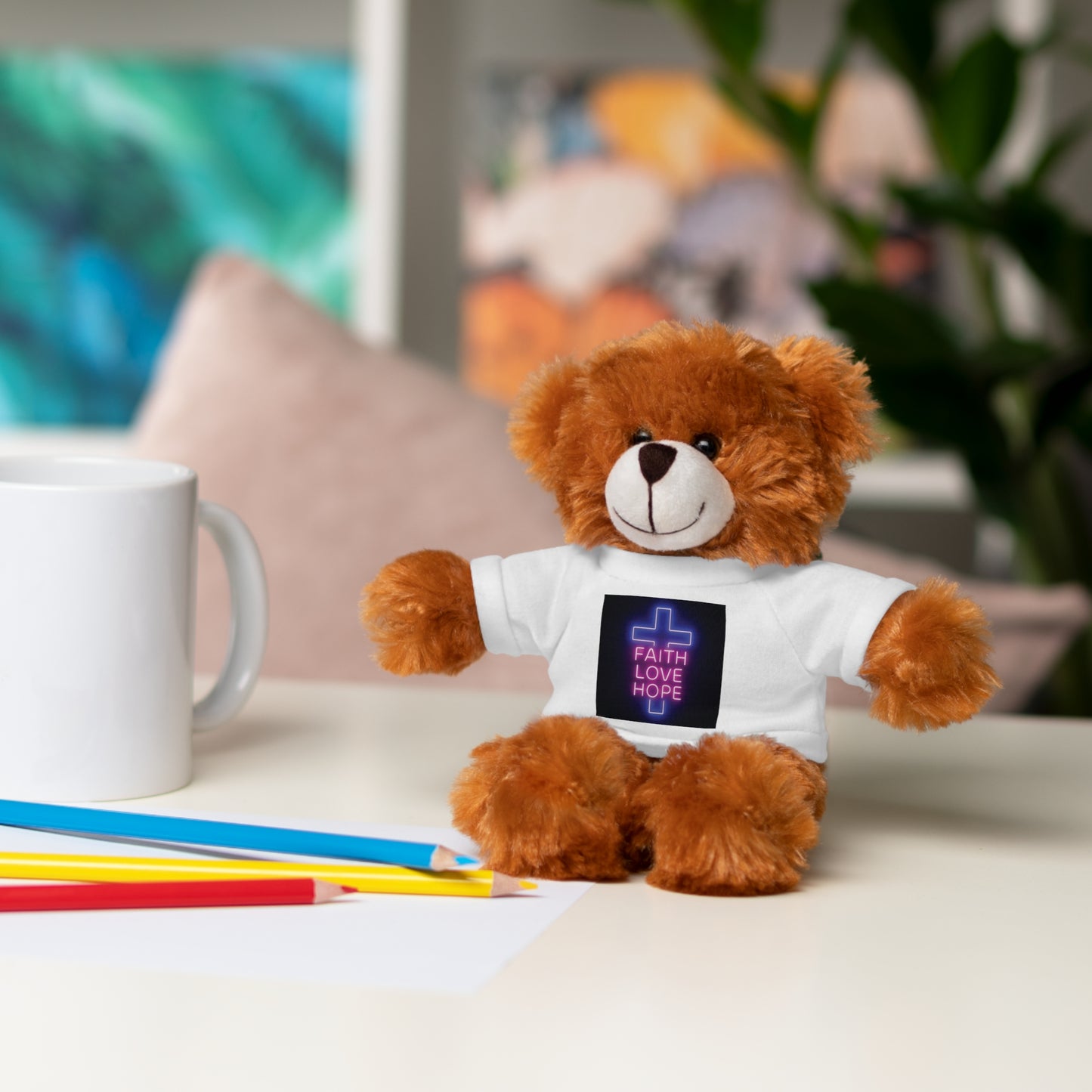 Faith-Inspired Stuffed Bear with Tee, Cute Gift for Kids, Inspirational Decor, Faith Love Hope Plush, Religious Kids Toy, Baby Shower Gift