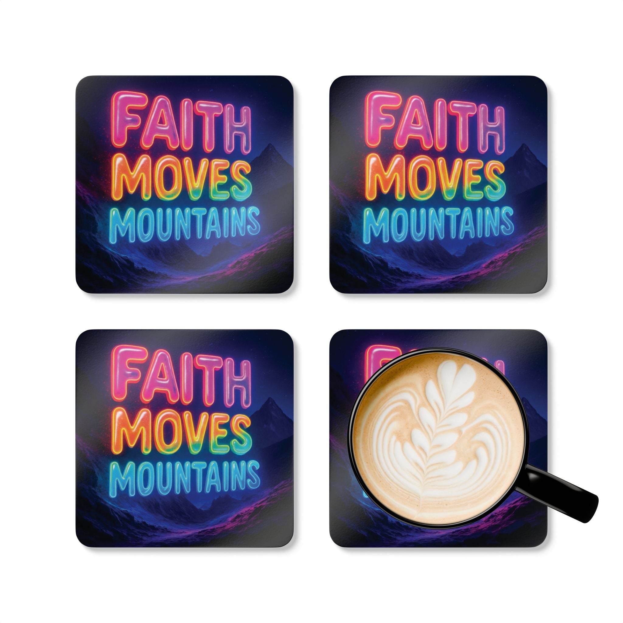 Colorful "Faith moves mountains" Corkwood Coaster Set | Inspirational Home Decor | Gift for Coffee Lovers, Housewarming, Kitchen