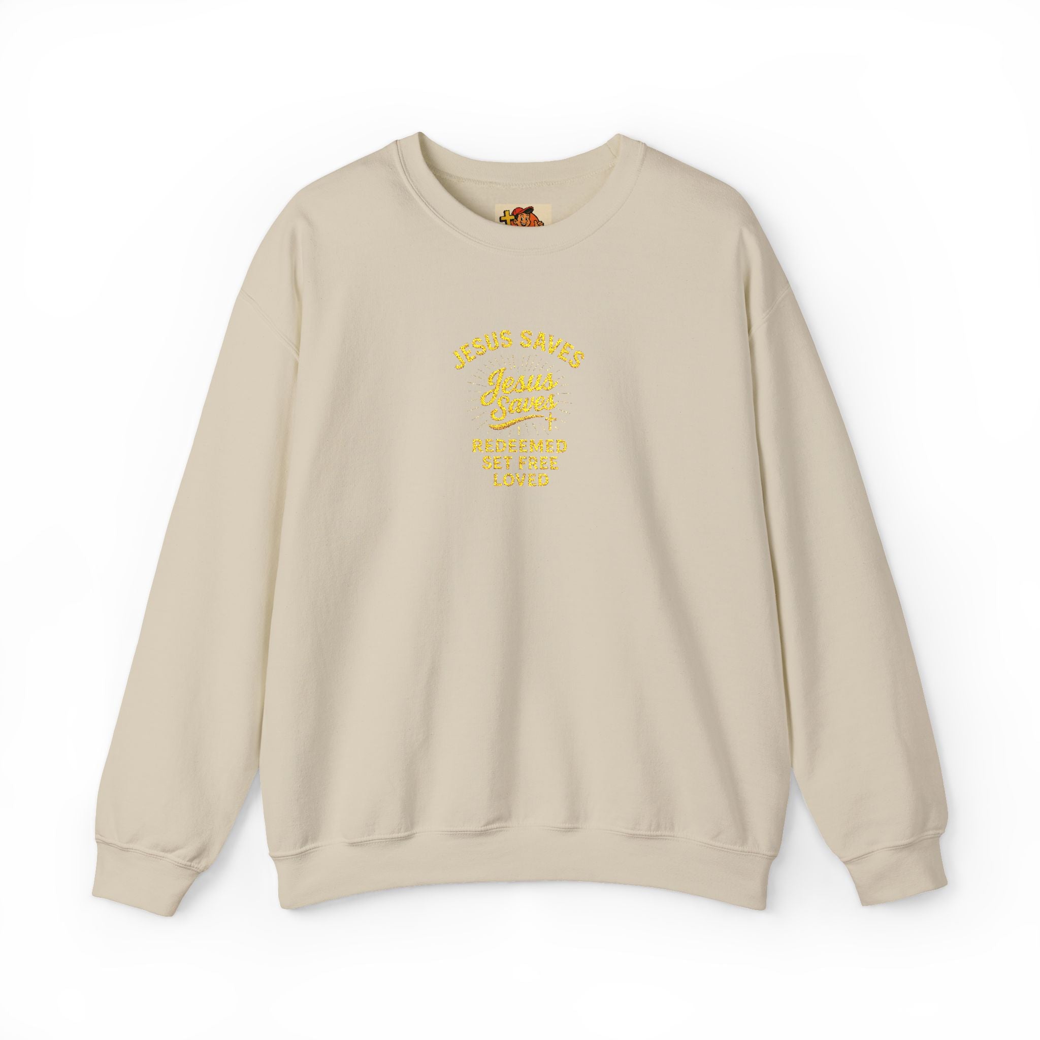 Jesus Saves Crewneck Sweatshirt — "Jesus saves  redeemed  set free loved"