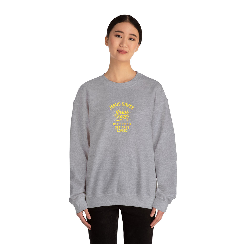Jesus Saves Crewneck Sweatshirt — "Jesus saves  redeemed  set free loved"