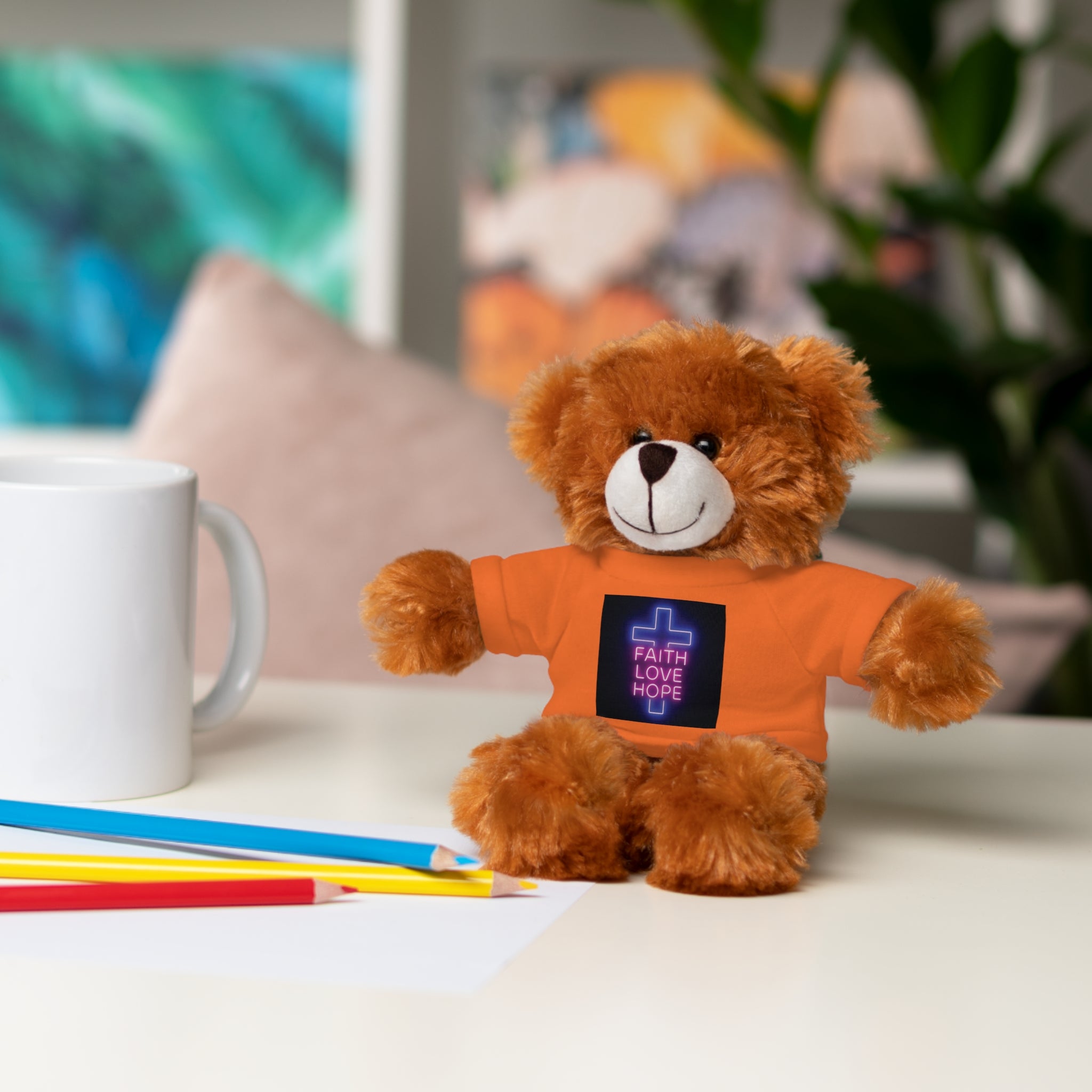 Faith-Inspired Stuffed Bear with Tee, Cute Gift for Kids, Inspirational Decor, Faith Love Hope Plush, Religious Kids Toy, Baby Shower Gift