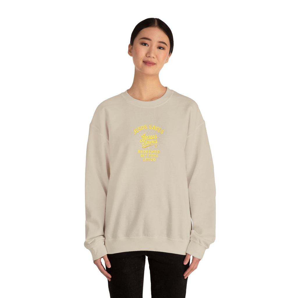 Jesus Saves Crewneck Sweatshirt — "Jesus saves  redeemed  set free loved"
