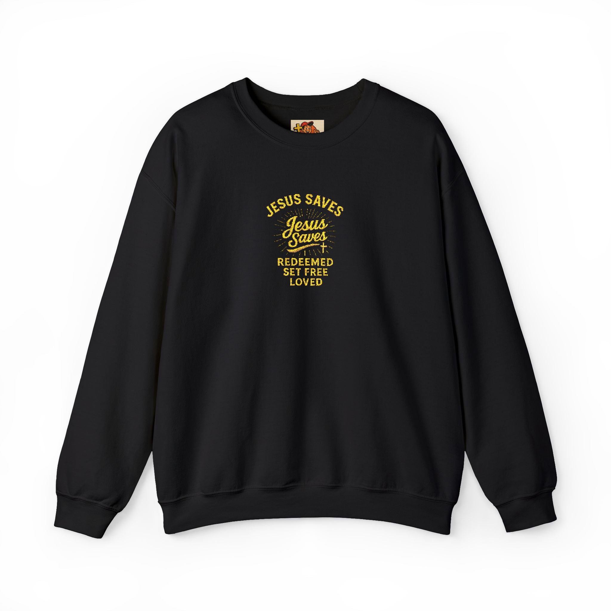 Jesus Saves Crewneck Sweatshirt — "Jesus saves  redeemed  set free loved"