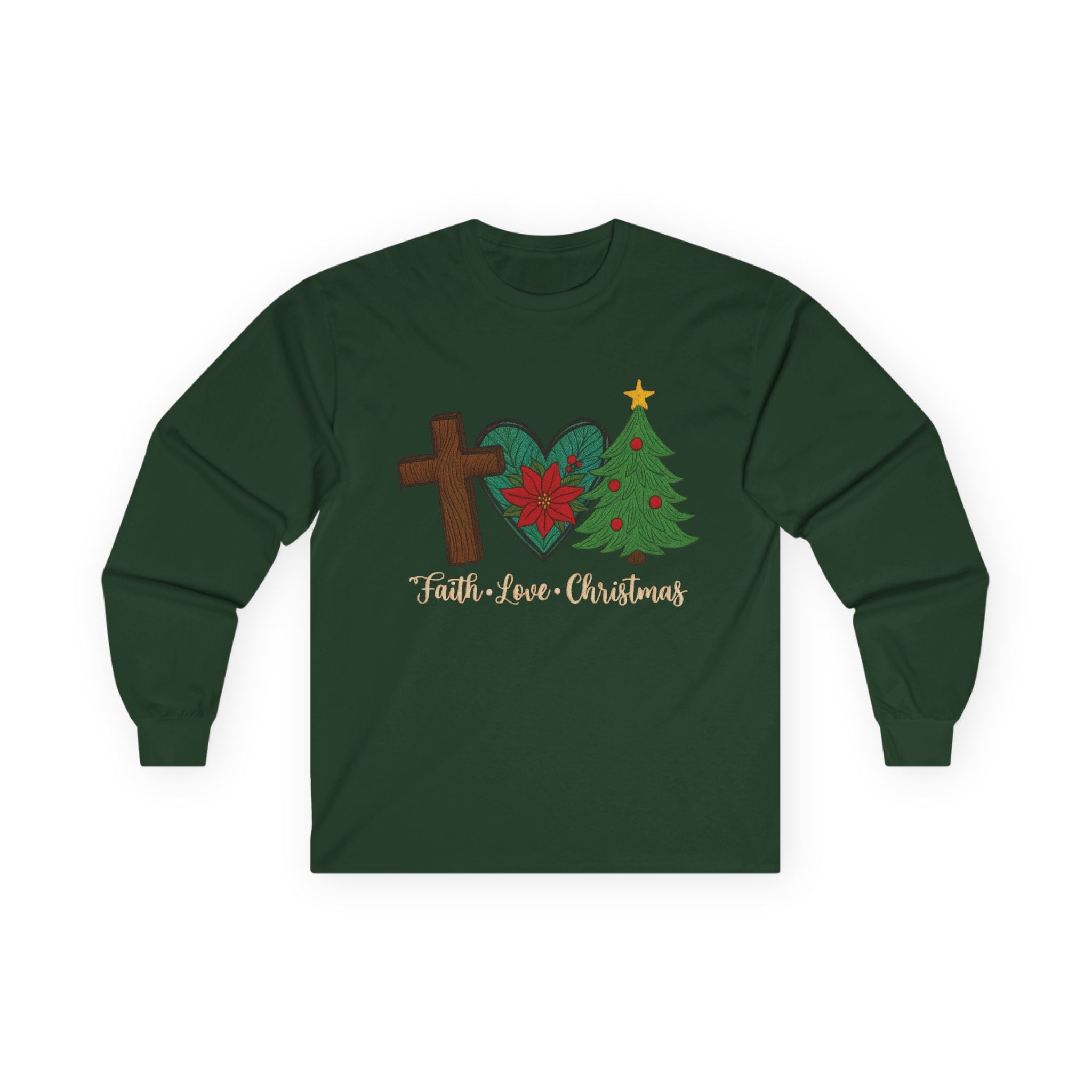 Faith Love Christmas Long Sleeve Tee — Cross, Poinsettia & Tree Holiday Shirt
