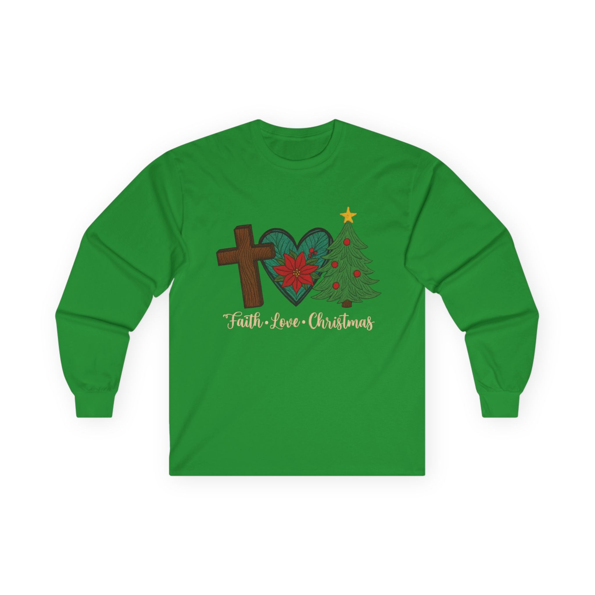 Faith Love Christmas Long Sleeve Tee — Cross, Poinsettia & Tree Holiday Shirt