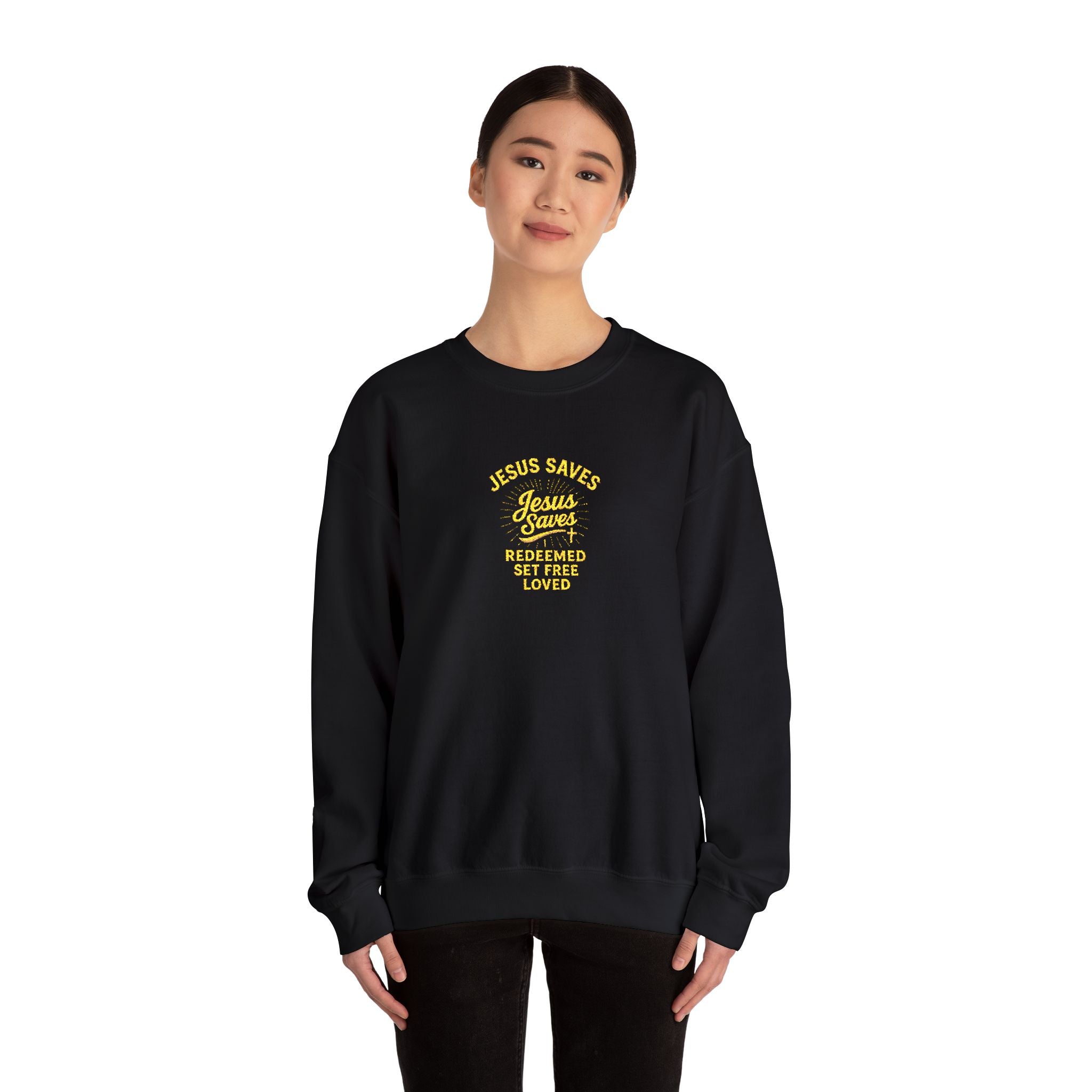 Jesus Saves Crewneck Sweatshirt — "Jesus saves  redeemed  set free loved"