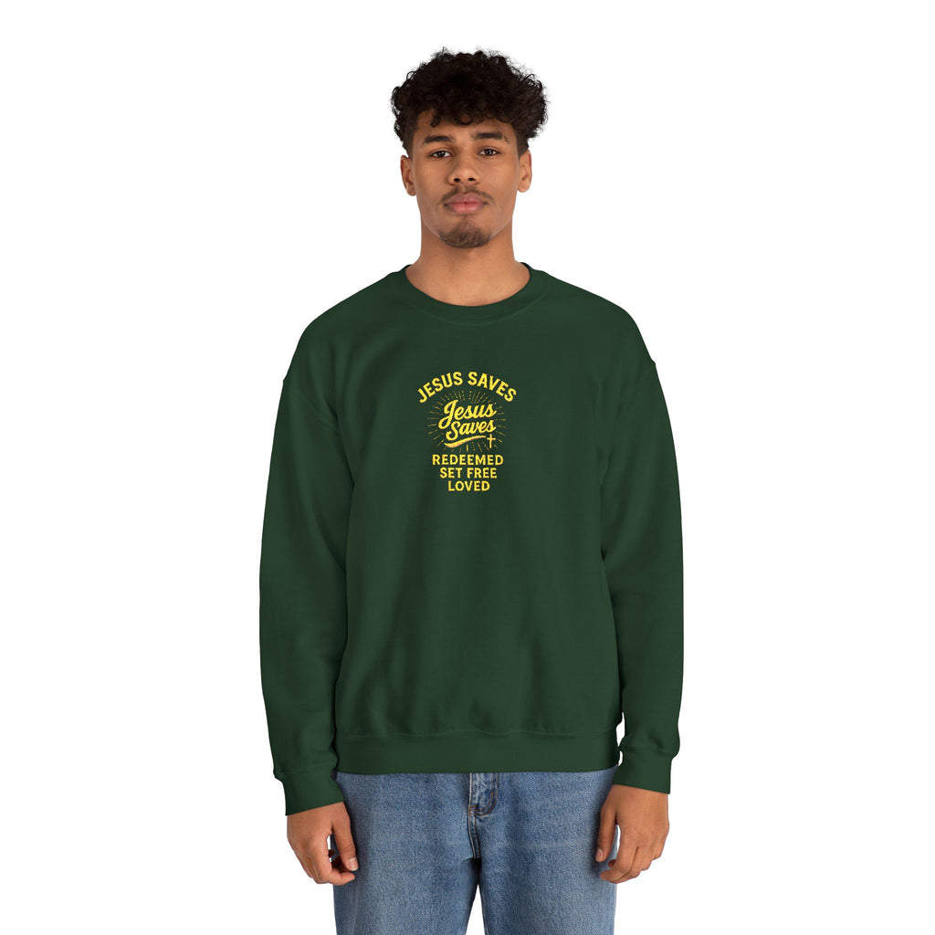 Jesus Saves Crewneck Sweatshirt — "Jesus saves  redeemed  set free loved"