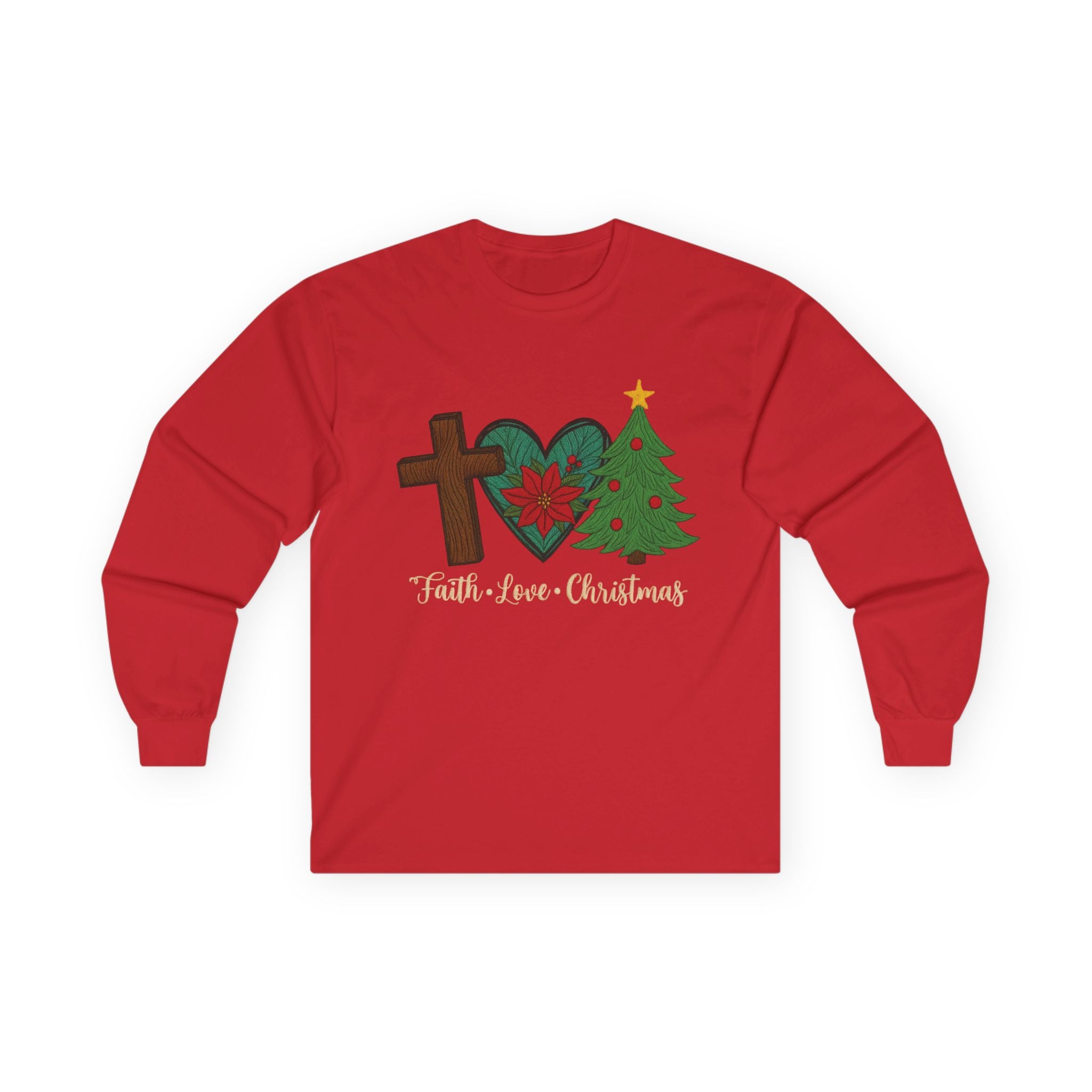 Faith Love Christmas Long Sleeve Tee — Cross, Poinsettia & Tree Holiday Shirt