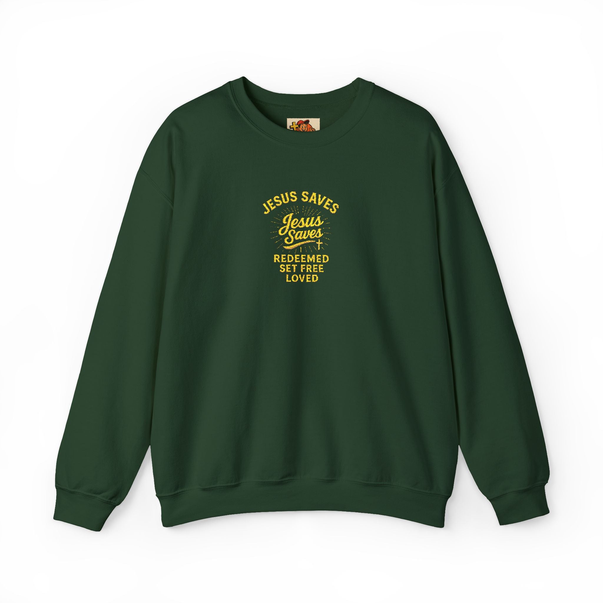 Jesus Saves Crewneck Sweatshirt — "Jesus saves  redeemed  set free loved"